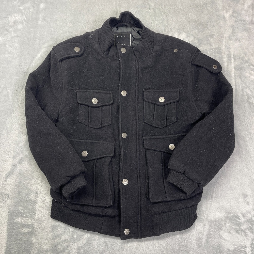 Karl Kani Gold Bomber Jacket Boys Large Black Wool Blend Utility Snap Button